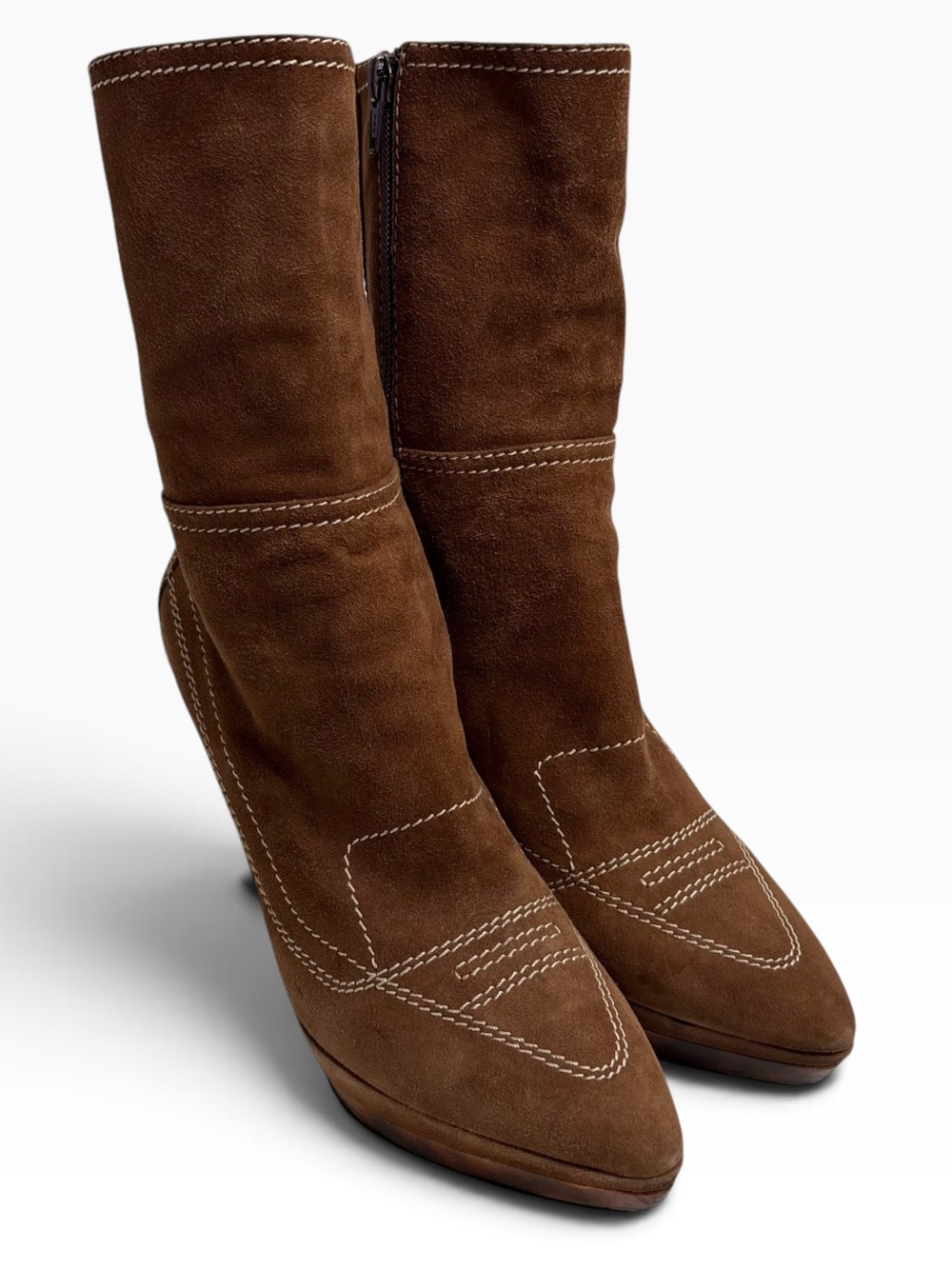 CASADEI Brown Platform Suede Mid-Calf Women's Boots Elegant Stitch Detail $1075
